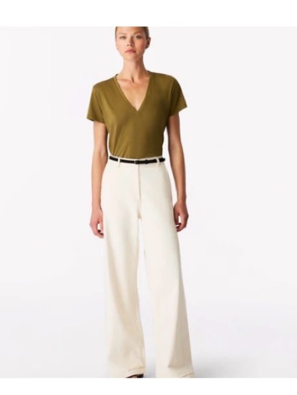 NWT - Another Tomorrow Large Moss Olive Deep V-Neck Organic Cotton Top